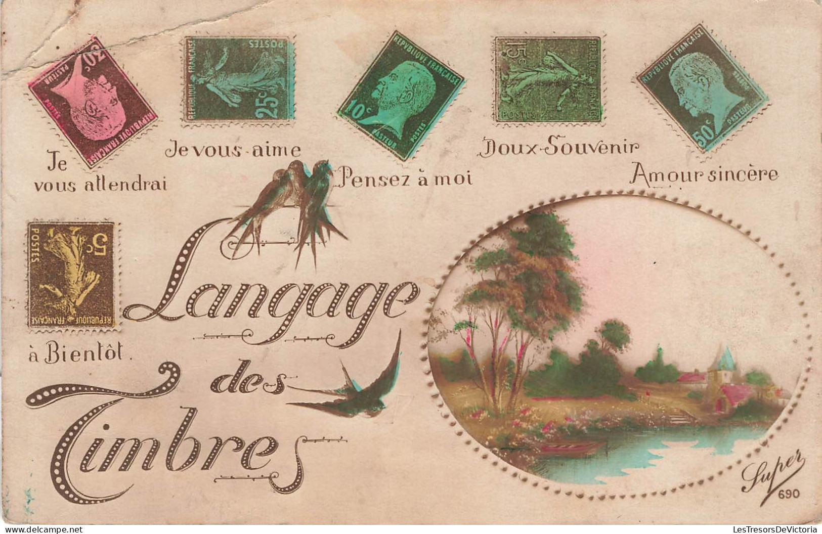 TIMBRES - Langage Des Timbres - Colorisé - Carte Postale Ancienne - Timbres (représentations)