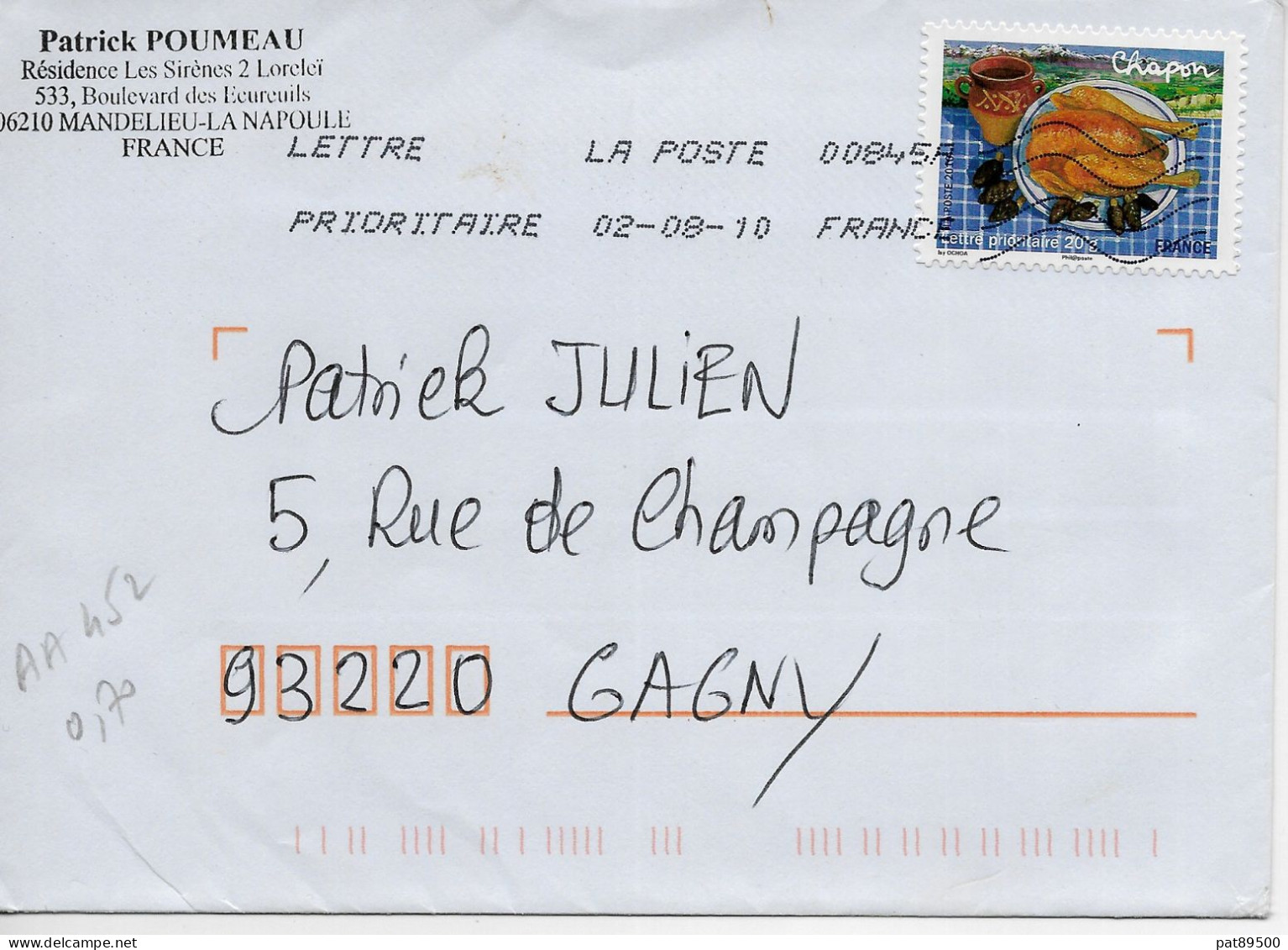 FRANCE AA 452 - 2010 - Saveurs De Nos Régions :FRANCHE COMPTE - LE CHAPON/ Enveloppe Entière OBL.en  2010* LOT A++++++ - Briefe U. Dokumente