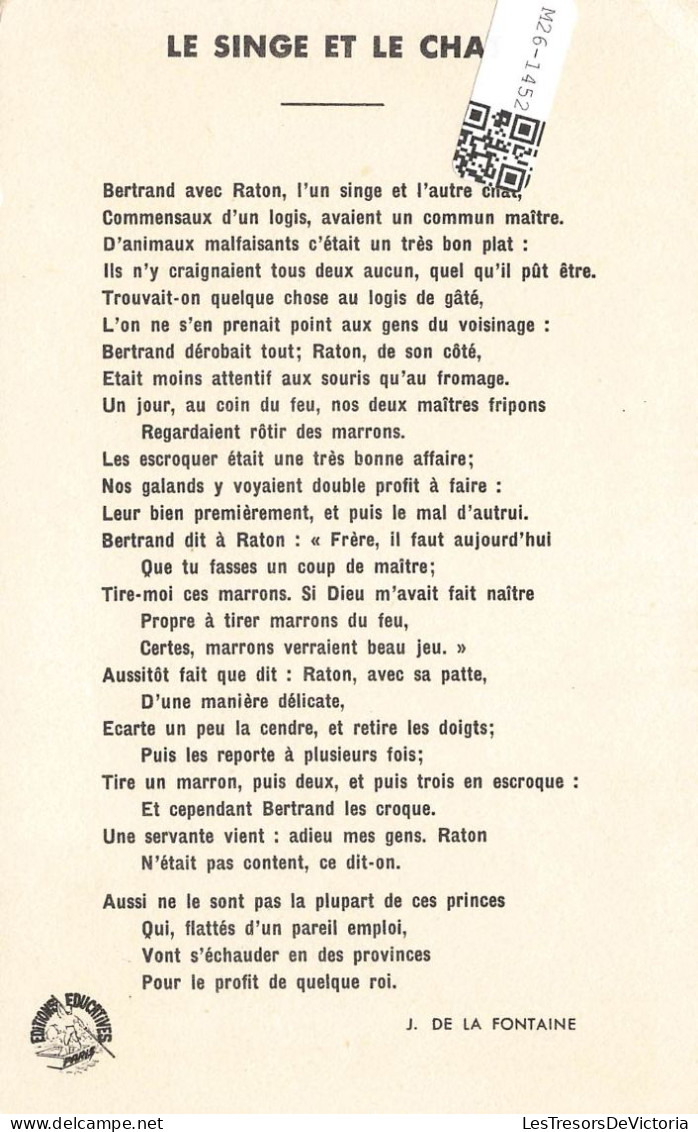 CONTES FABLES ET LEGENDES - Le Singe Et Le Chat - J. De La Fontaine - Colorisé - Carte Postale Ancienne - Fiabe, Racconti Popolari & Leggende