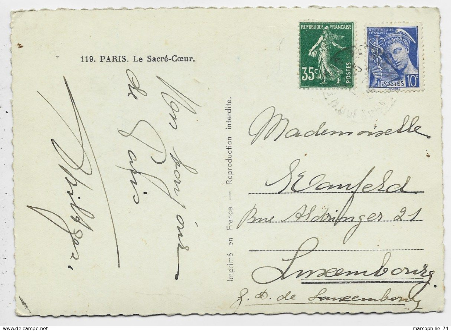 MERCURE 10C +35C SEMEUSE CARTE 5 MOTS PARIS 1938 POUR LUXEMBOURG AU TARIF - 1938-42 Mercurius