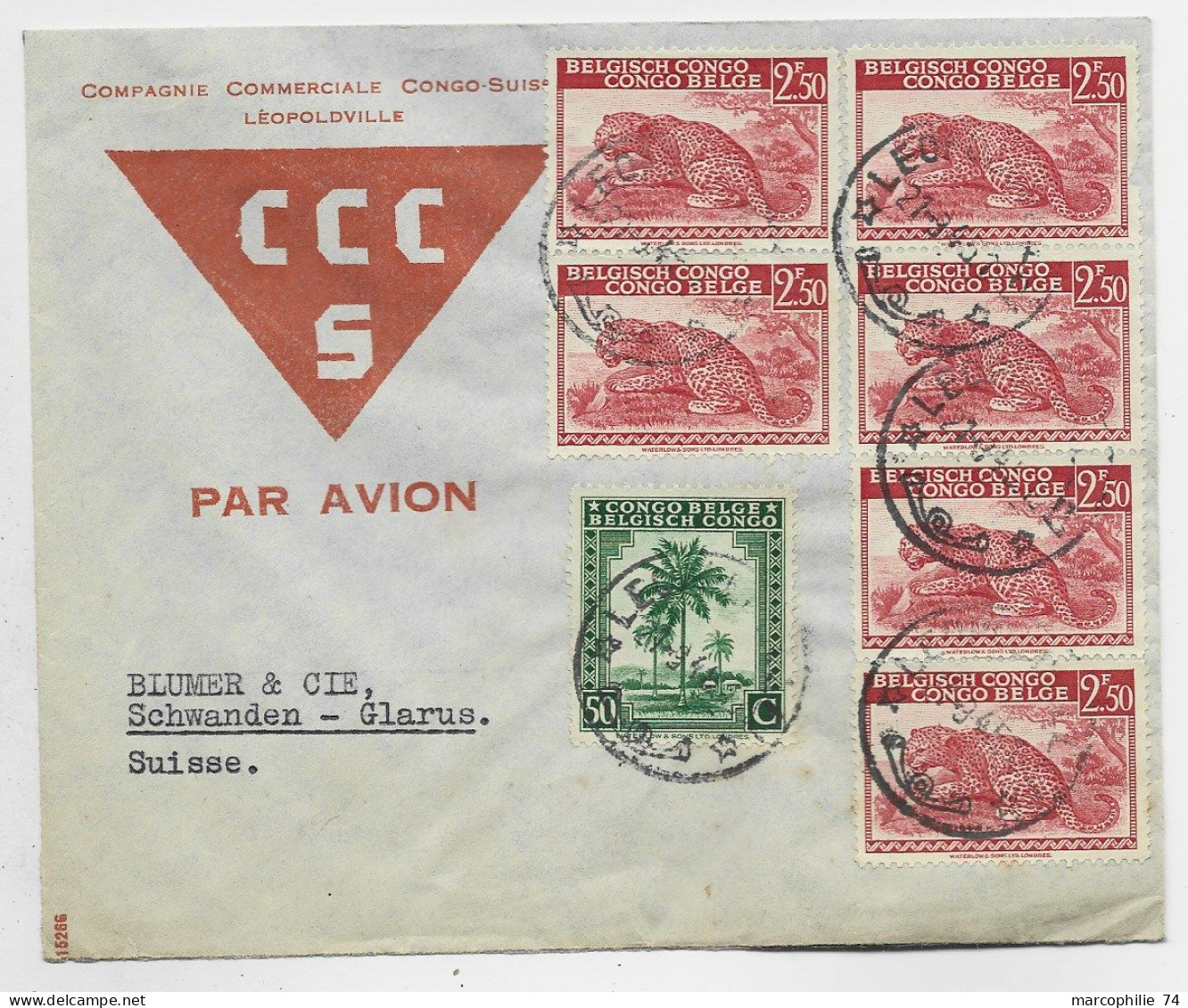 CONGO BELGE 2FR50X6+50C LETTRE COVER AVION LEOPOLDVILLE 21.9.1945 TO SUISSE - Brieven En Documenten