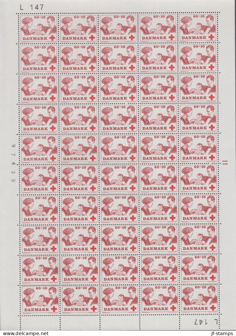 1969. DANMARK. 60 + 10 ØRE RED CROSS In Never Hinged Sheet (50 Stamps) With Margin Number L 1... (Michel 489) - JF538631 - Brieven En Documenten