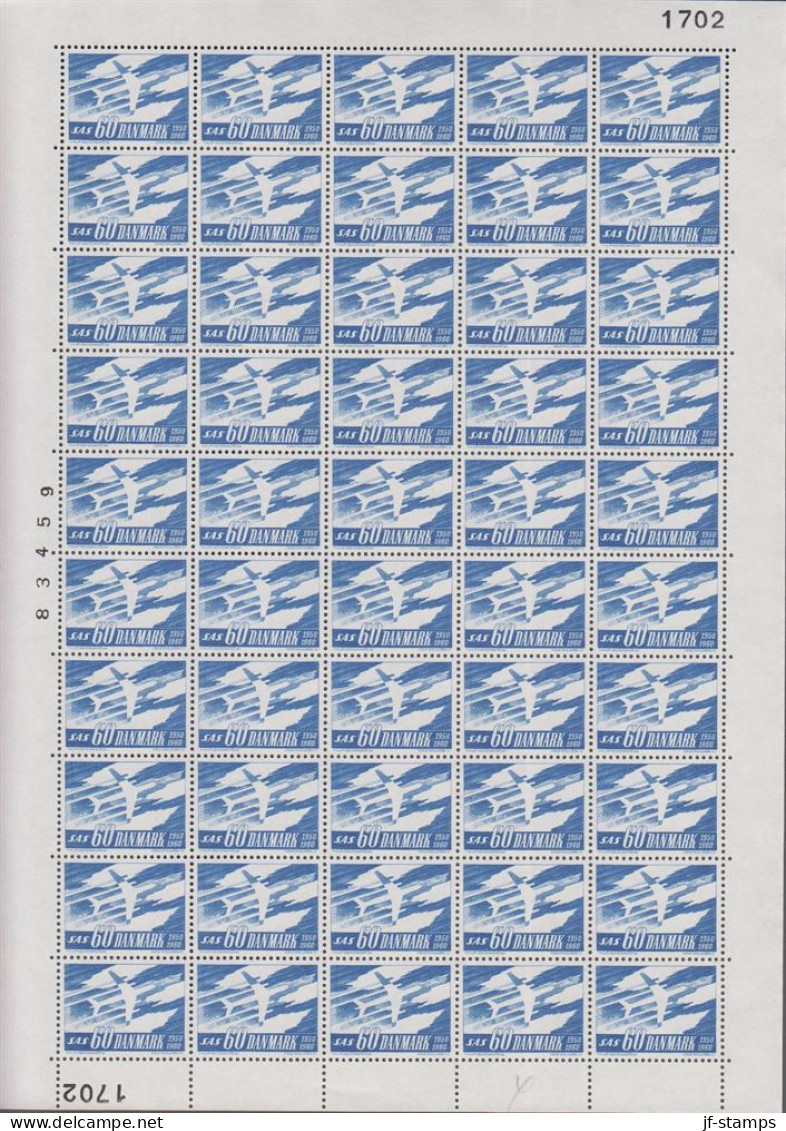 1961. DANMARK. 60 ØRE SAS In Never Hinged Sheet (50 Stamps) With Margin Number 1702.  (Michel 388x) - JF538676 - Covers & Documents