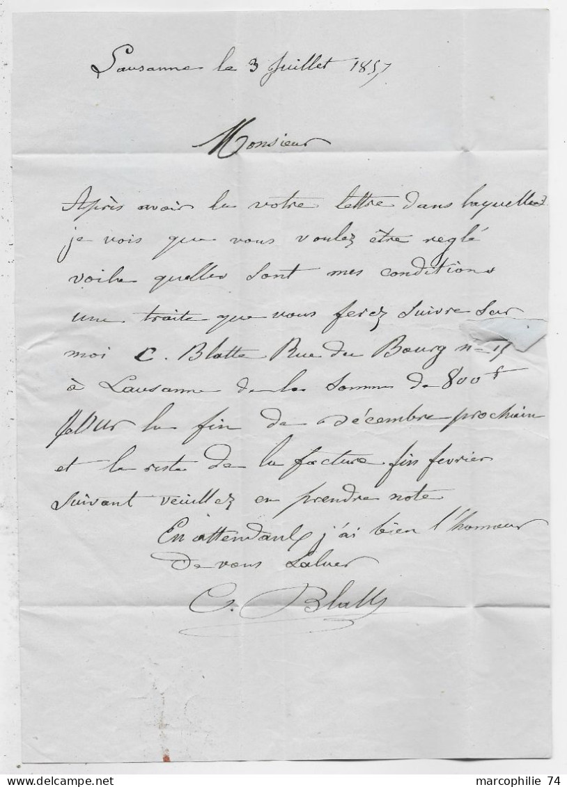 HELVETIA SUISSE LAUSANNE 3 JUIN 1857 MATIN LETTRE COVER ANNECY SARDE HAUTE SAVOIE TAXE 2 MANUSCRITE FRONTALIER - Storia Postale