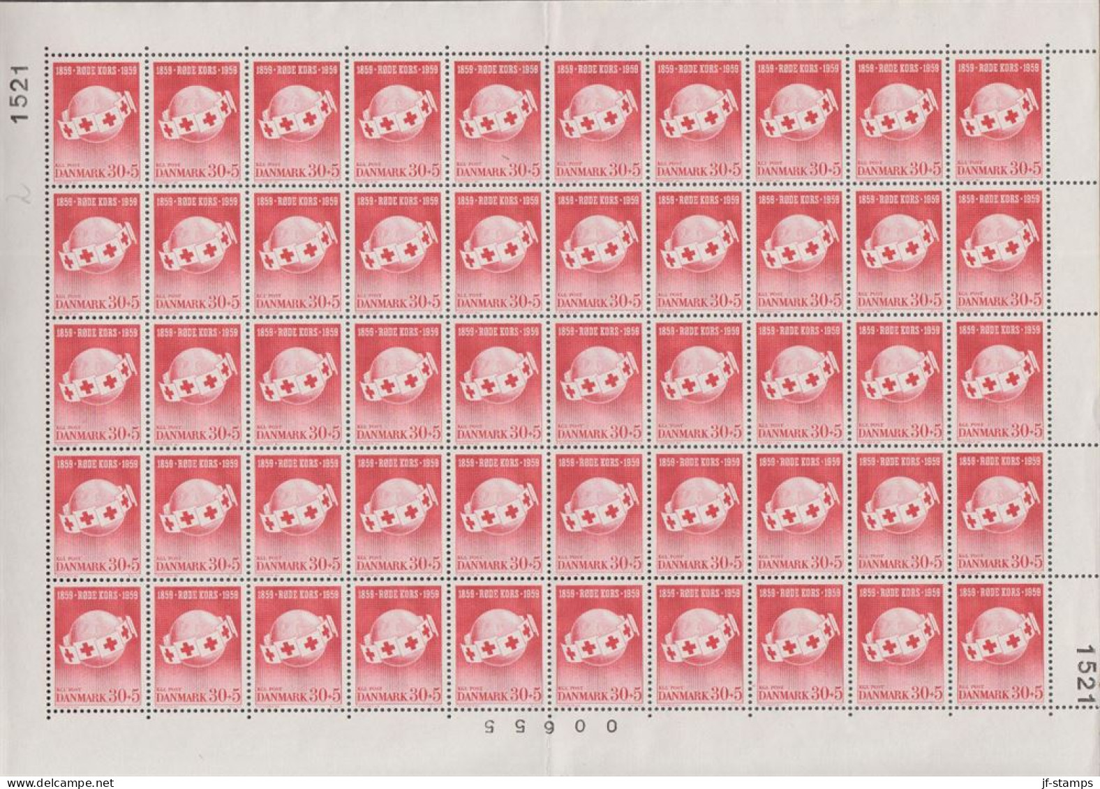 1959. DANMARK. 30 + 5 ØRE RED CROSS In Never Hinged Sheet (50 Stamps) With Margin Number 1521... (Michel 375) - JF538680 - Brieven En Documenten