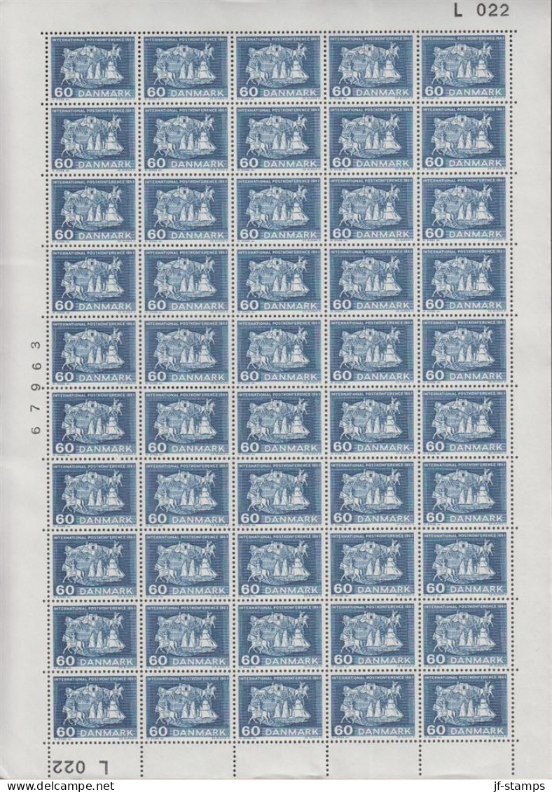 1963. DANMARK. 60 ØRE INTERNATIONAL POSTKONFERENCE 1863 In Never Hinged Sheet (50 Stamps) Wi... (Michel 414y) - JF538696 - Lettres & Documents