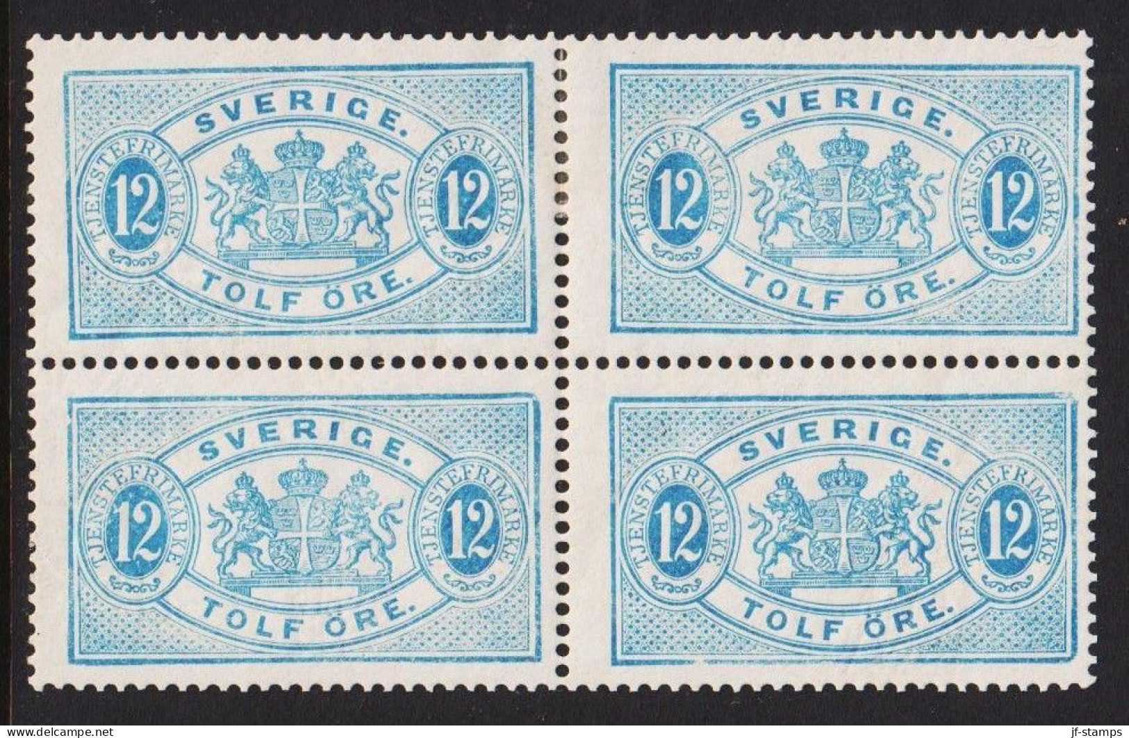 1877-1882. SVERIGE. TJENSTEFRIMÄRKE. Coat-of-Arms. Perf. 13. 12 ÖRE. Beautiful 4-block Ve... (Michel Di. 6Ba) - JF538712 - Dienstzegels