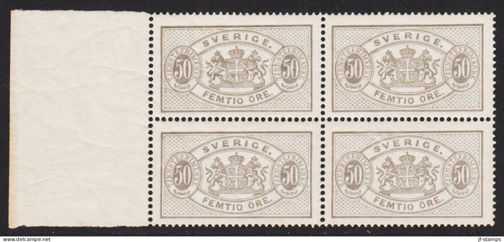 1891. SVERIGE. TJENSTEFRIMÄRKE. Coat-of-Arms. Perf. 13. 50 ÖRE. Beautiful Centered 4-block... (Michel Di. 16) - JF538713 - Dienstzegels