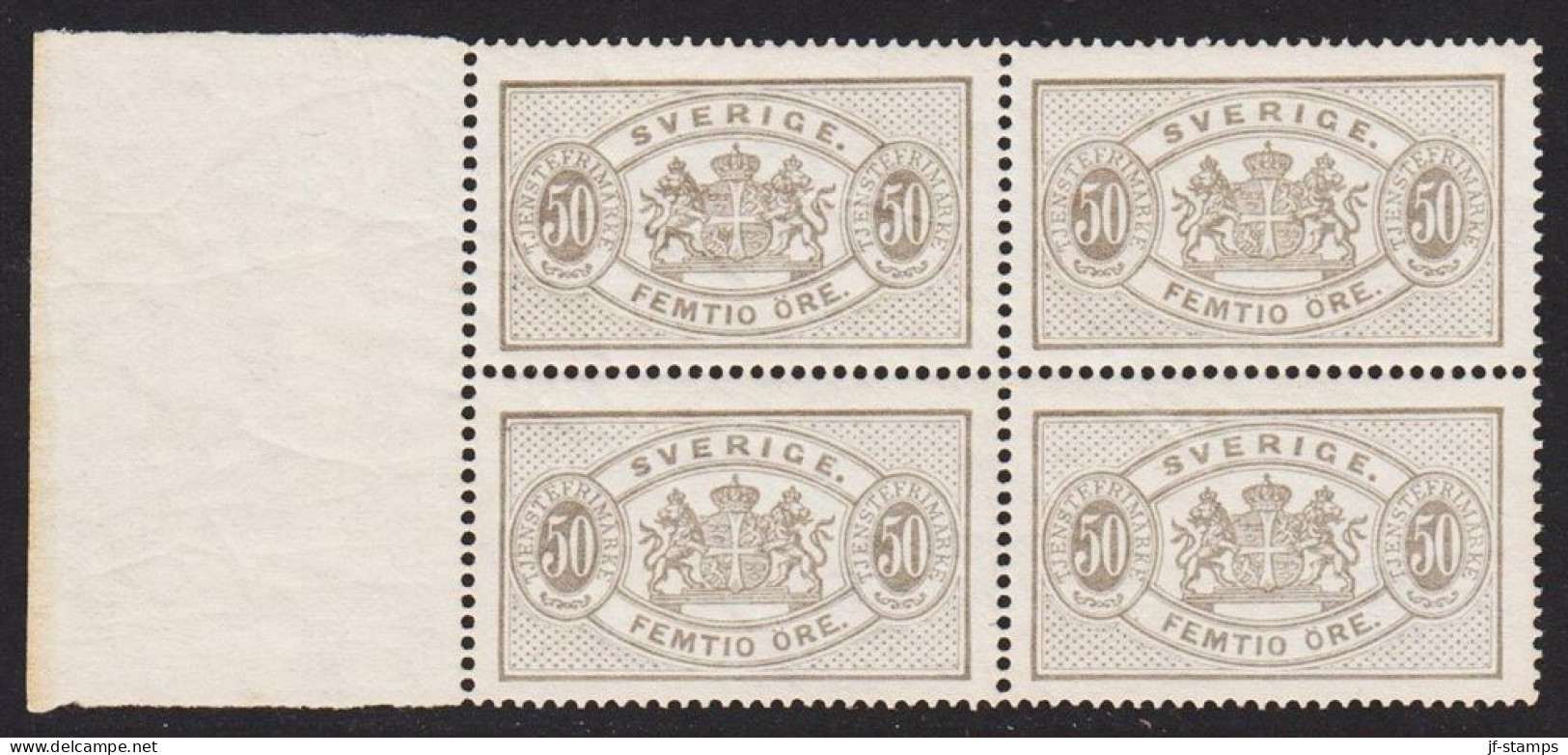 1891. SVERIGE. TJENSTEFRIMÄRKE. Coat-of-Arms. Perf. 13. 50 ÖRE. Beautiful Centered 4-block... (Michel Di. 16) - JF538713 - Servizio