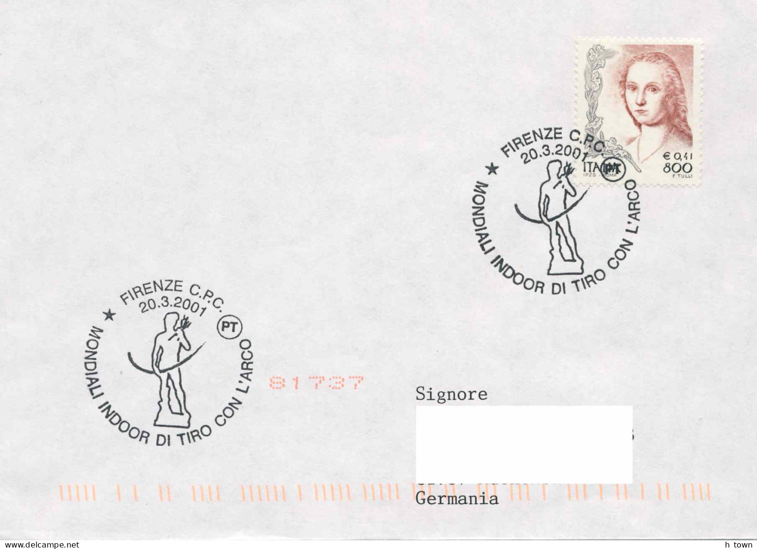 953  Tir à L'arc: Oblitération Temporaire D'Italie, 2001 - Archery Pictorial Cancel From Firenze, Italy - Bogenschiessen