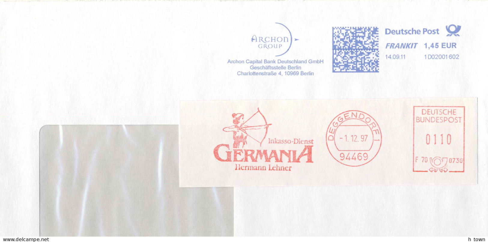 953  Tir à L'arc: 2 Ema D'Allemagne - Archery Meter Stamps From Deggendorf And Berlin, Germany - Bogenschiessen