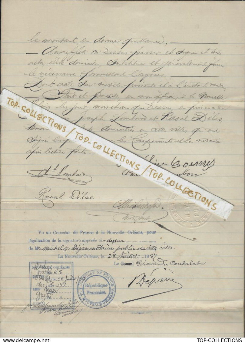 1887  CONSULAT DE FRANCE > Nouvelle Orléans Notaire Public Etats Unis Amérique Famille Cazaubon  Rabastens  De Bigorre - Documenti Storici