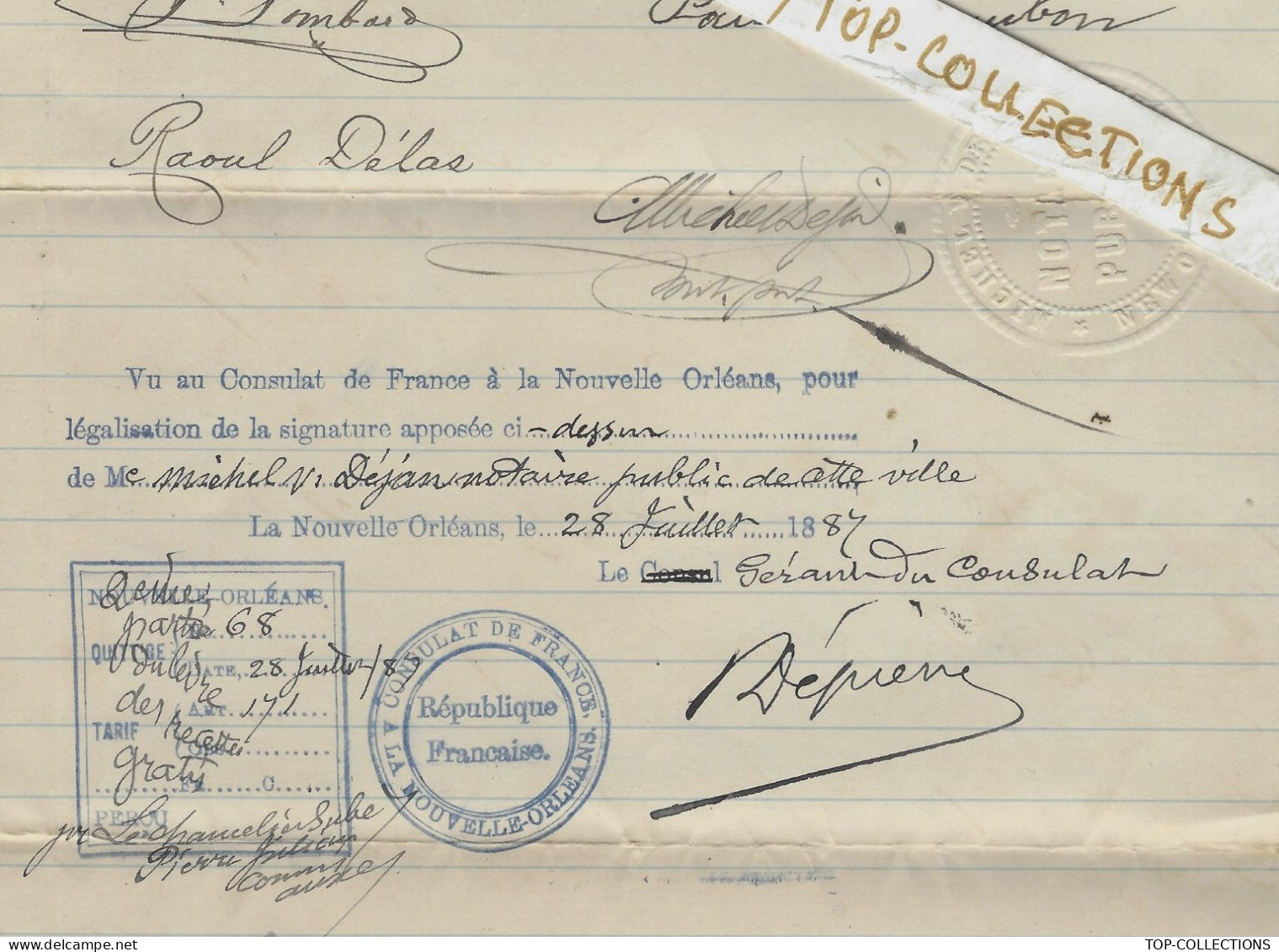 1887  CONSULAT DE FRANCE > Nouvelle Orléans Notaire Public Etats Unis Amérique Famille Cazaubon  Rabastens  De Bigorre - Documenti Storici