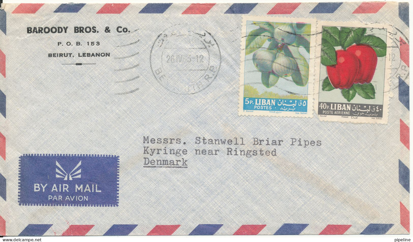 Lebanon Air Mail Cover Sent To Denmark 26-4-1963 (one Of The Stamps Is Damaged) - Lebanon