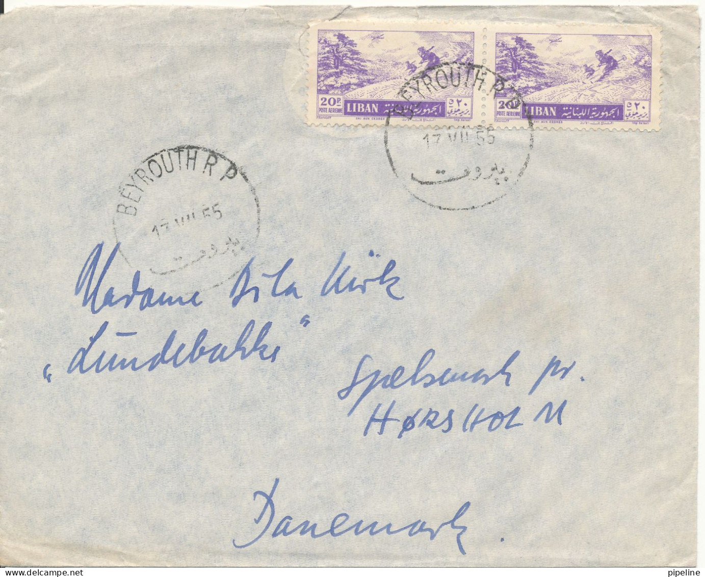 Lebanon Air Mail Cover Sent To Denmark Beyrouth 17-7-1955 (the Cover Is Damaged At The Top) - Lebanon