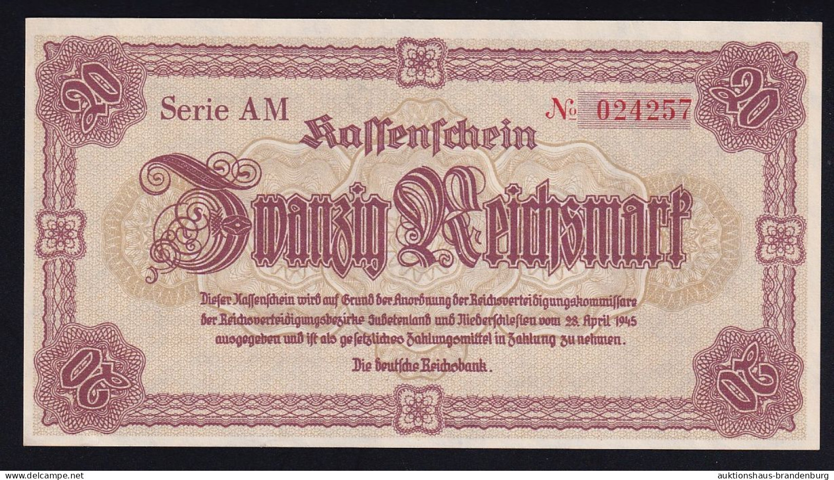 20 Reichsmark 28.4.1945 - Kassenschein Sudetenland U. Niederschlesien - Serie AM (DEU-262) - 20 Reichsmark