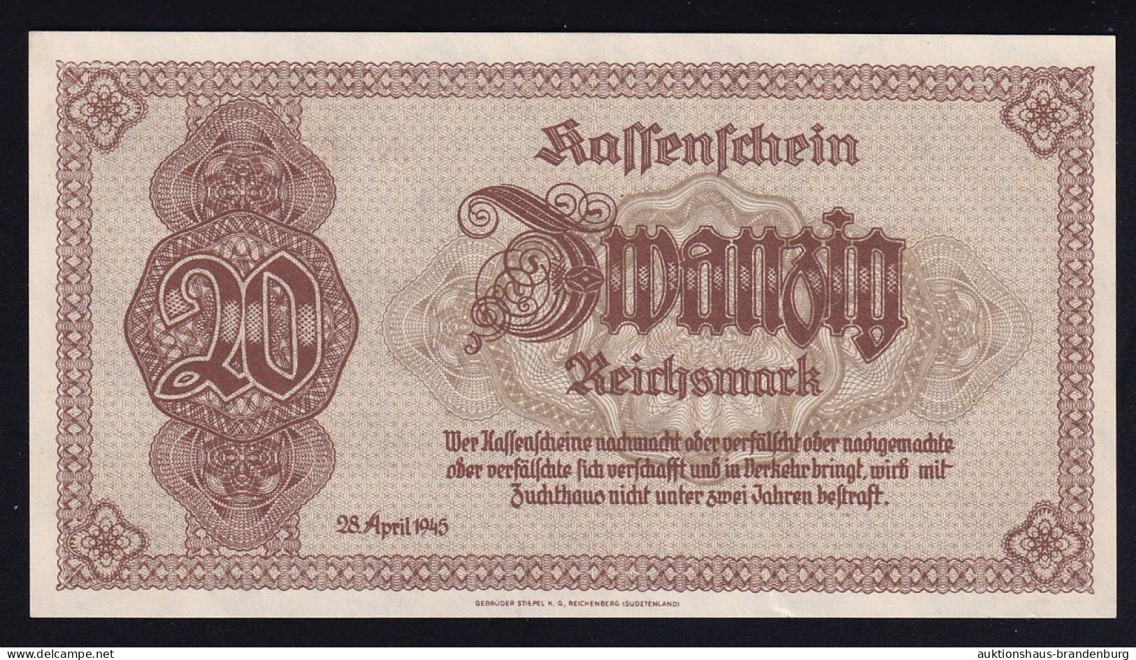 20 Reichsmark 28.4.1945 - Kassenschein Sudetenland U. Niederschlesien - Serie AM (DEU-262) - 20 Reichsmark