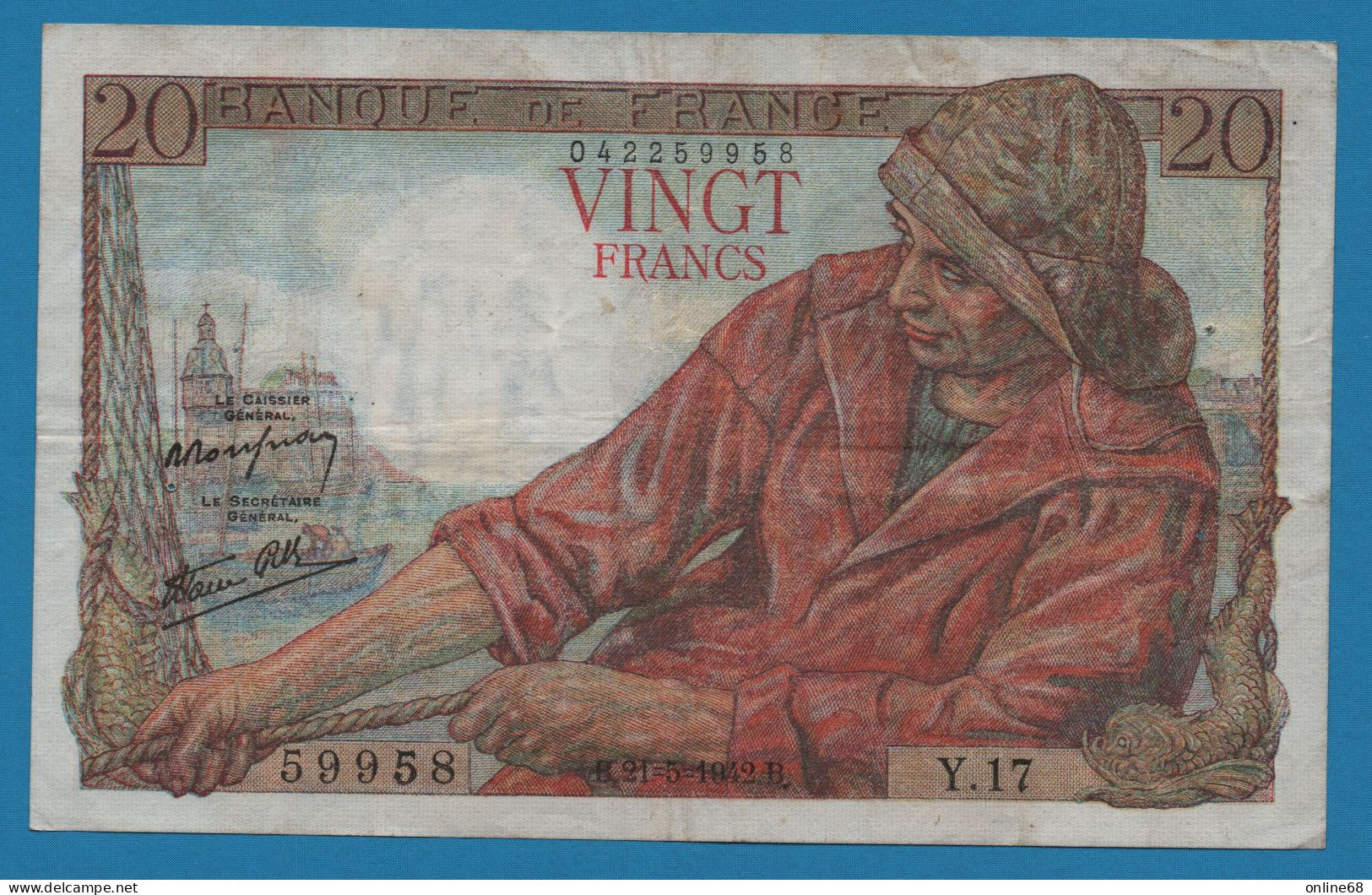 FRANCE 20 FRANCS 21.05.1942 # Y.17 F# 13/02 , P# 100a  Pêcheur - 20 F 1942-1950 ''Pêcheur''