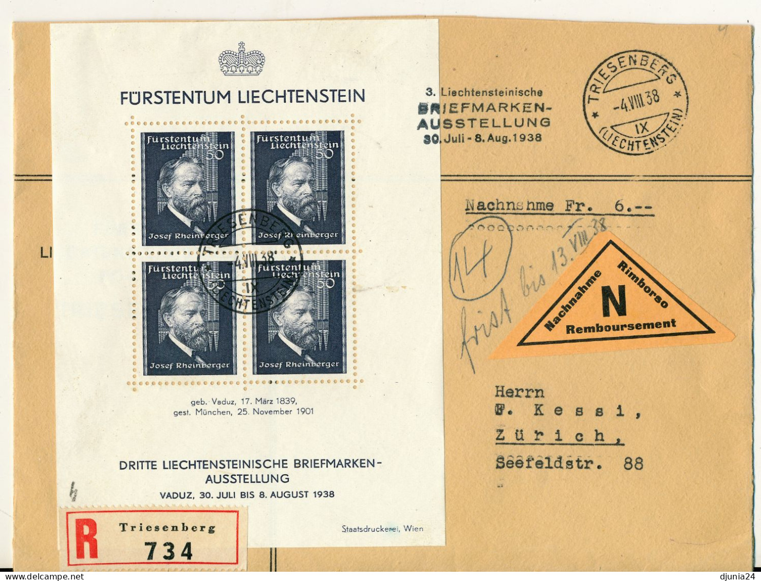 BF0007 / LIECHTENSTEIN - 1938 - 3. Liechtensteinische Briefmarkenausstellung - Michel Block 3 - Briefe U. Dokumente