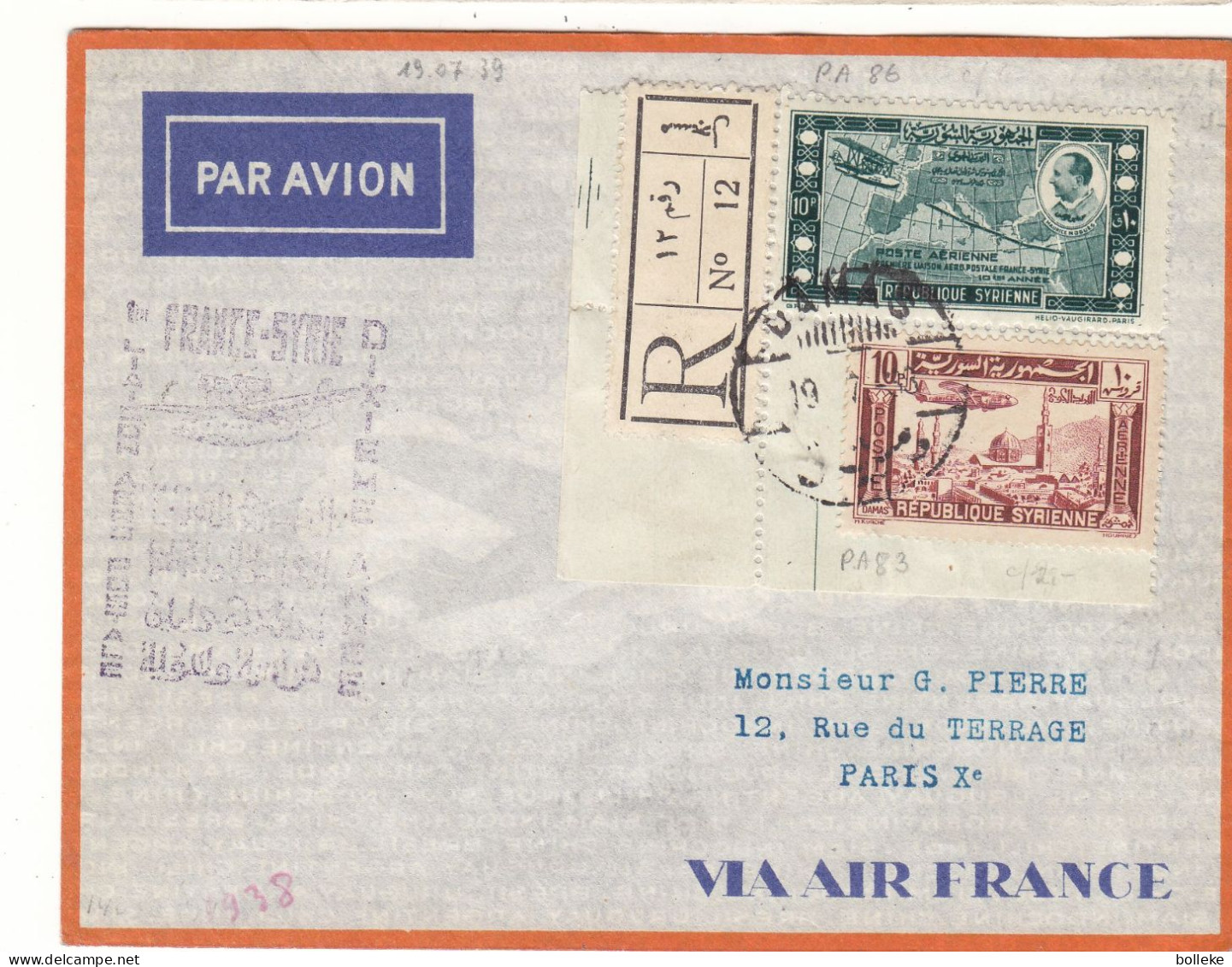 France - Syrie - Lettre Recom De 1939 - Oblit Damas - Exp Vers Paris - Vol France Syrie - - Briefe U. Dokumente