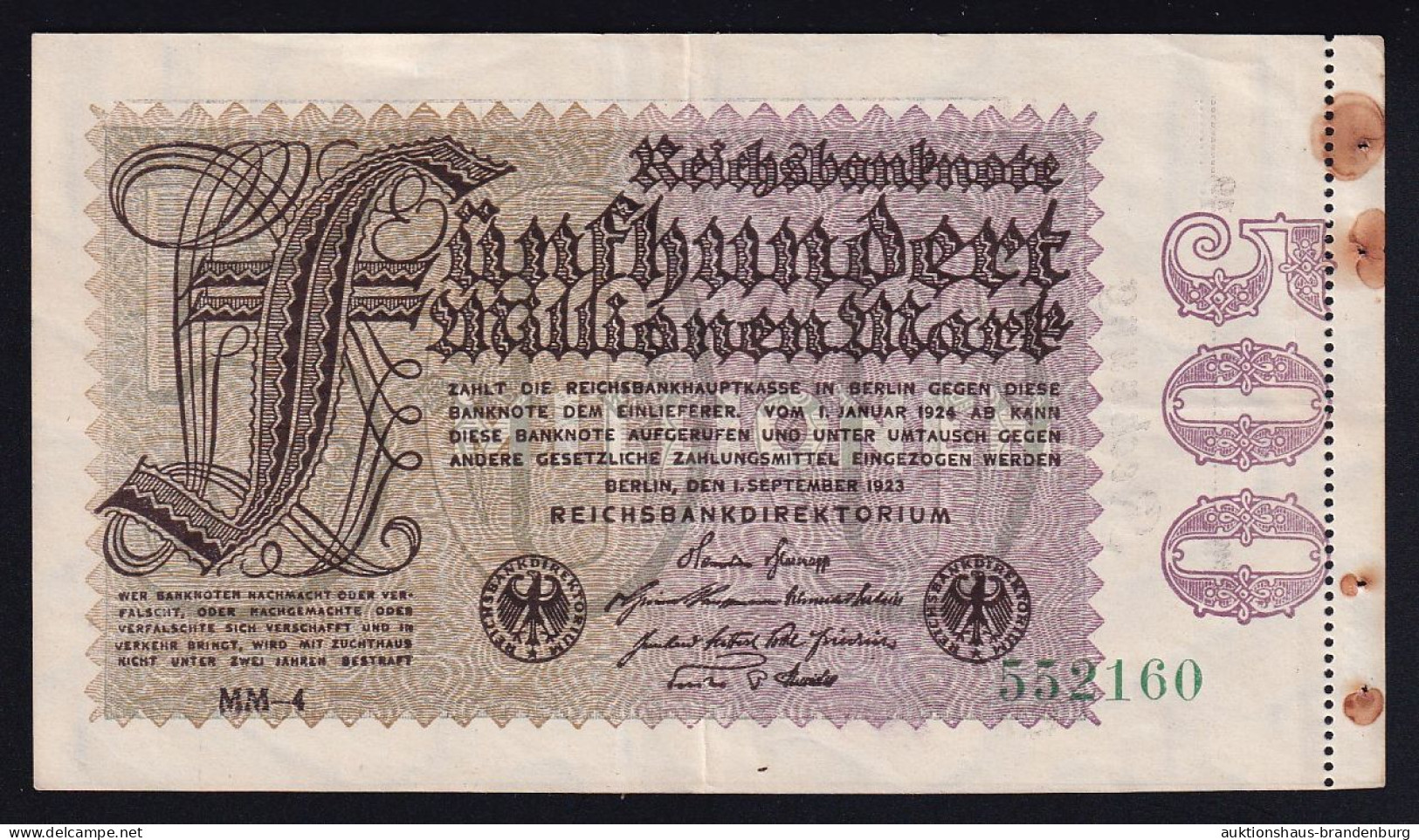 500 Millionen Mark 1.9.1923 - Perforiert Und Rs Als Rechnungsvordruck Gedruckt - Original ! - 500 Miljoen Mark