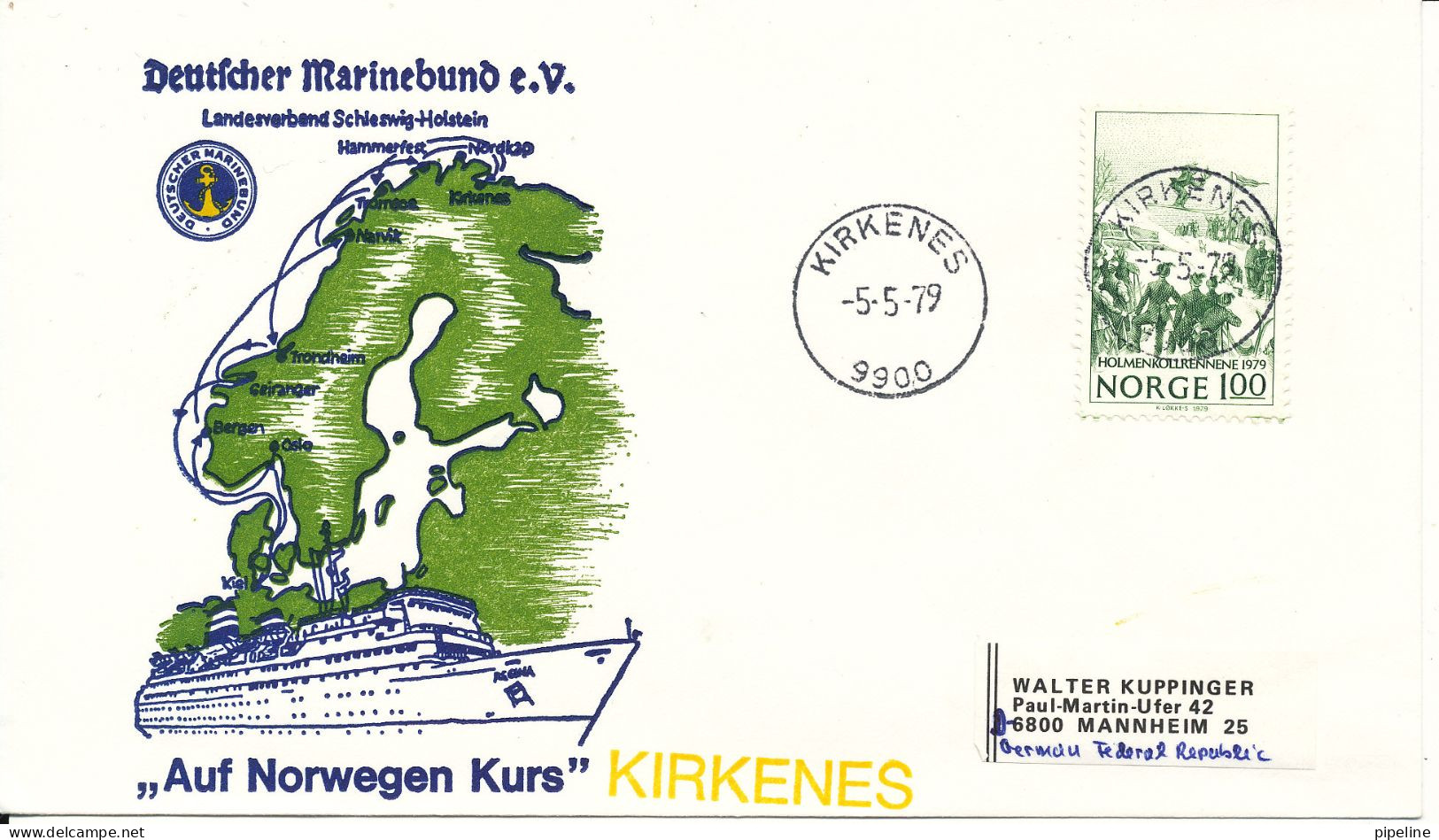 Norway Ship Cover Deutscher Marinebund Auf Norwegen Kurs KIRKENES 5-5-1979 Perfect SUN Cancel - Cartas & Documentos