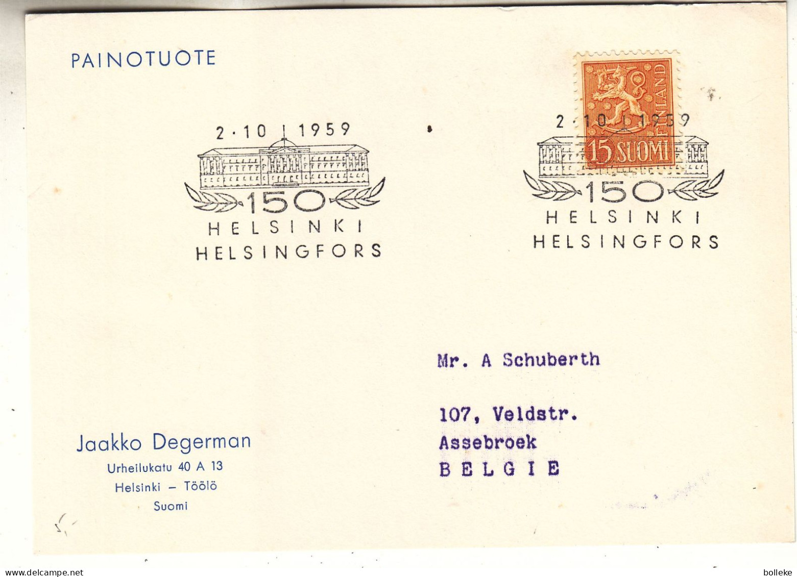 Finlande - Carte Postale De 1959 - Oblit Helsinki - - Brieven En Documenten