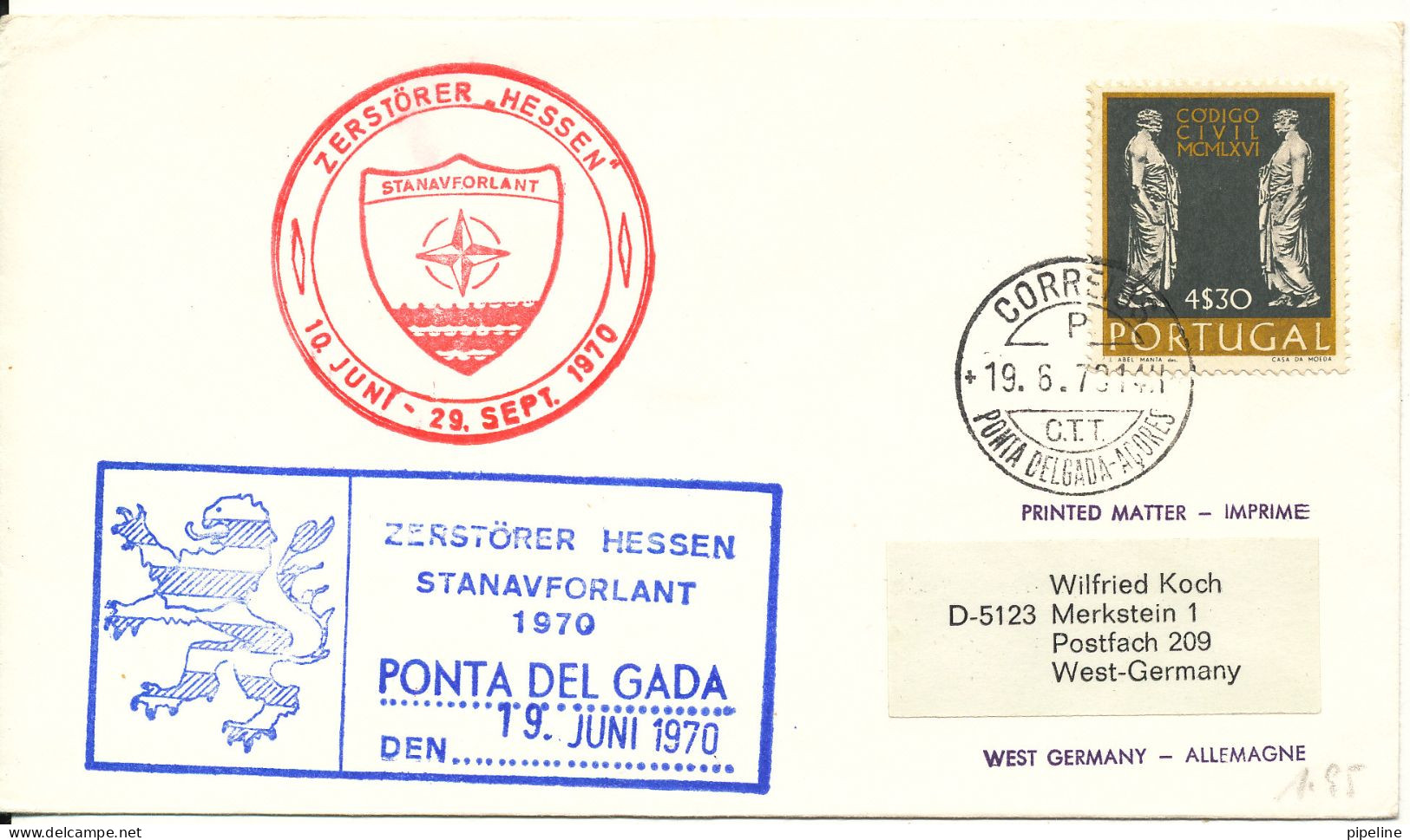 Portugal Ship Cover Zerstörer Hessen Ponta Del Gada Acores 19-6-1970 - Lettres & Documents