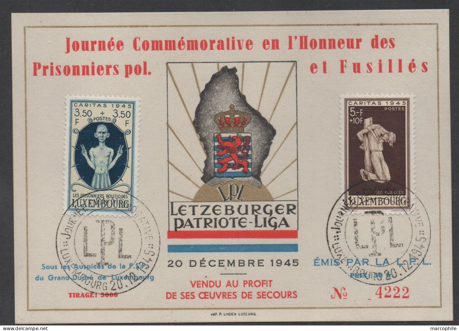 LUXEMBOURG  / 1945 - CARTE COMMEMORATIVE ILLUSTREE NUMEROTEE (ref 6631) - Covers & Documents