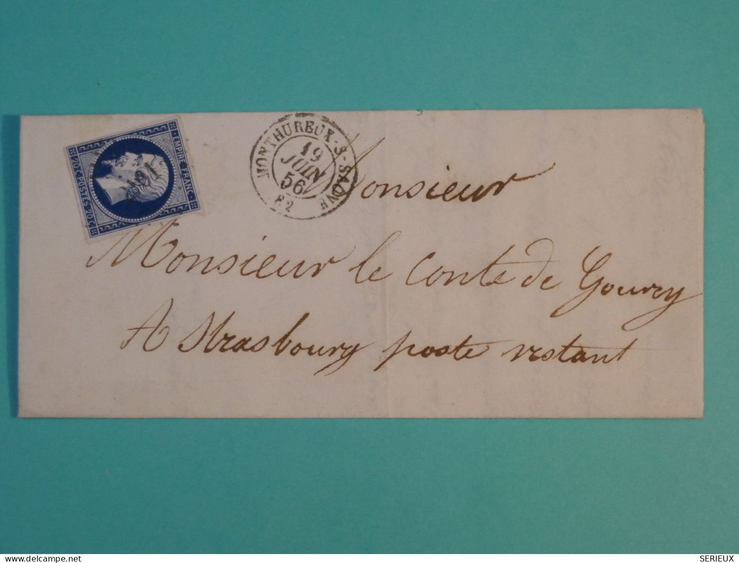 AM0 FRANCE  BELLE LETTRE  1856 MONTHUREUX A STRASBOURG +TEXTE + N° 14 FONCé   +AFF. INTERESSANT++ + - 1853-1860 Napoléon III.