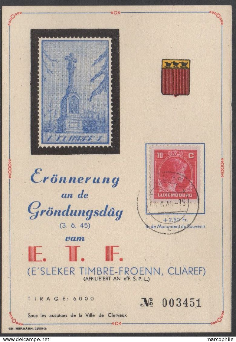 LUXEMBOURG - CLERVAUX  / 1945 - CARTE COMMEMORATIVE ILLUSTREE NUMEROTEE (ref 6631) - Lettres & Documents