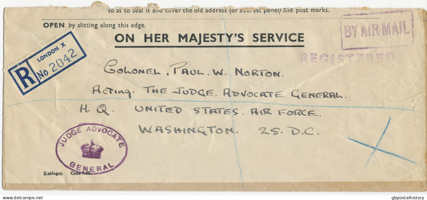 GB AFTER WORLDWAR II VFU ON HIS MAJESTY’S SERVICE ENVELOPE Very Rare REGISTERED AIR MAIL From LONDON X To USA - Covers & Documents