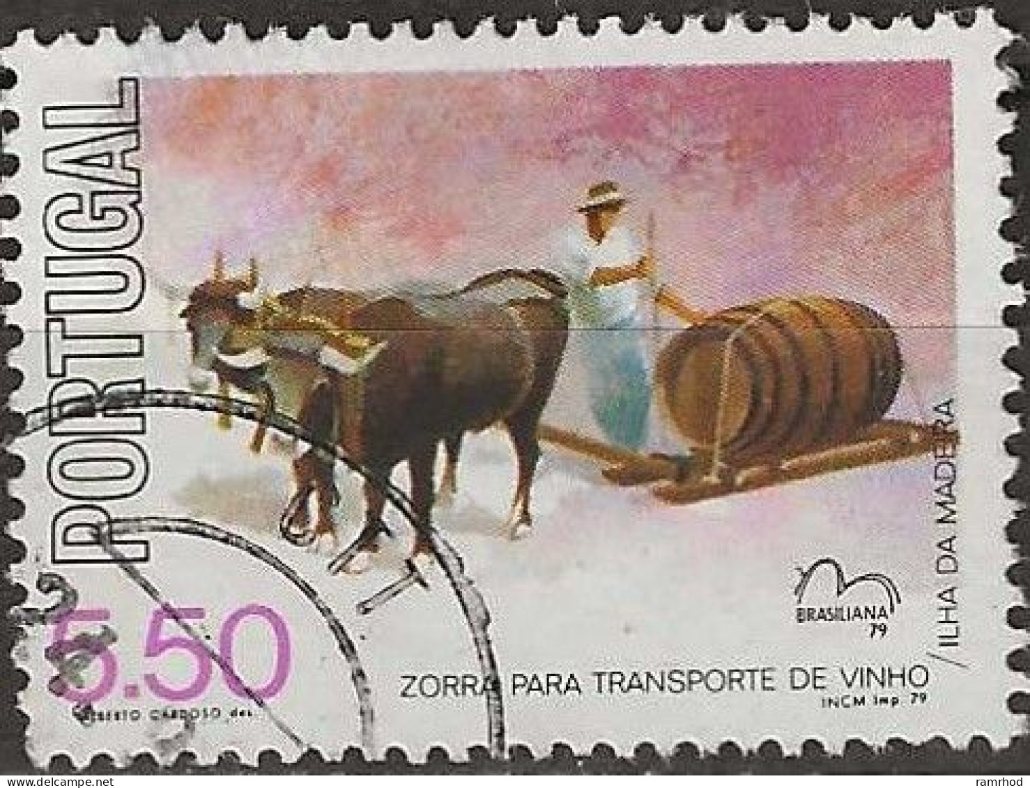 PORTUGAL 1979 Brasiliana 79 International Stamp Exhibition. Portuguese Country Carts -5e.50 - Wine Sledge, Madeira FU - Oblitérés