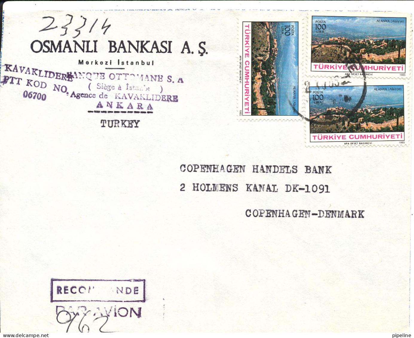 Turkey Registered Bank Cover Sent Air Mail To Denmark Kavaklidere 1985 - Lettres & Documents