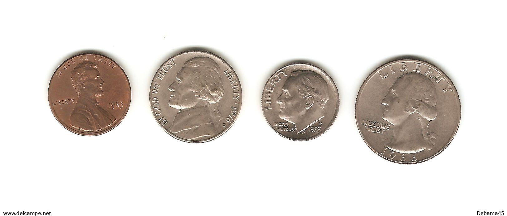 439/ U. S. A. : 1 Cent 1983 - 5 Cents 1976 D - 1 Dime 1983 P - 1/4 Dollar 1966 - Altri & Non Classificati