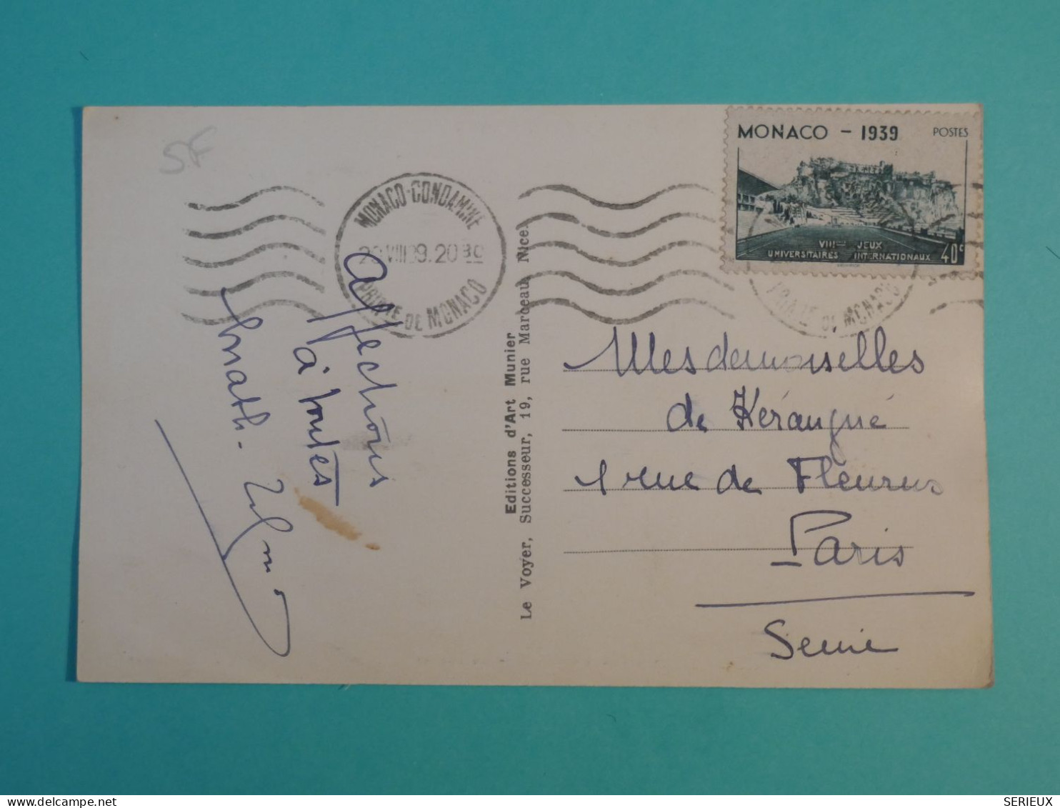 AM0 MONTE CARLO   BELLE CARTE  1920  A PARIS FRANCE +VUE DU ROCHER MONACO  +AFF.INTERESSANT++ + - Storia Postale