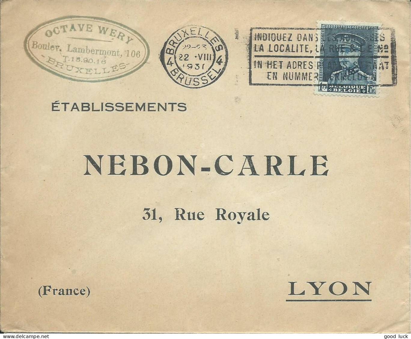 BELGIQUE LETTRE 1F75 BRUXELLES POUR LYON ( RHONE ) DE 1931 LETTRE COVER - 1931-1934 Chepi