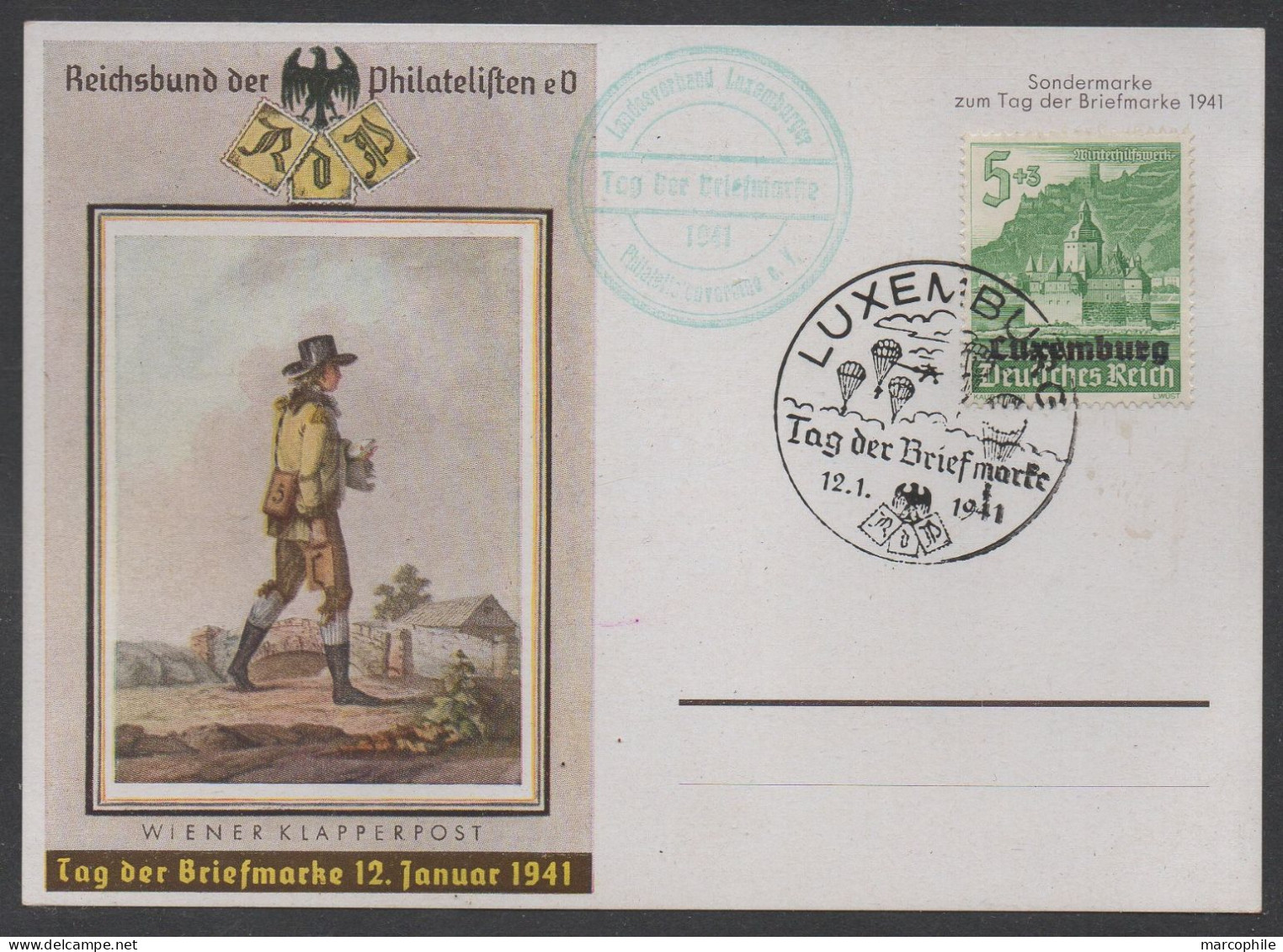 LUXEMBOURG - III REICH / 1941 CARTE POSTALE AVEC TIMBRE SURCHARGE - JOURNEE DU TIMBRE OBLITERE (ref 6621) - 1940-1944 German Occupation