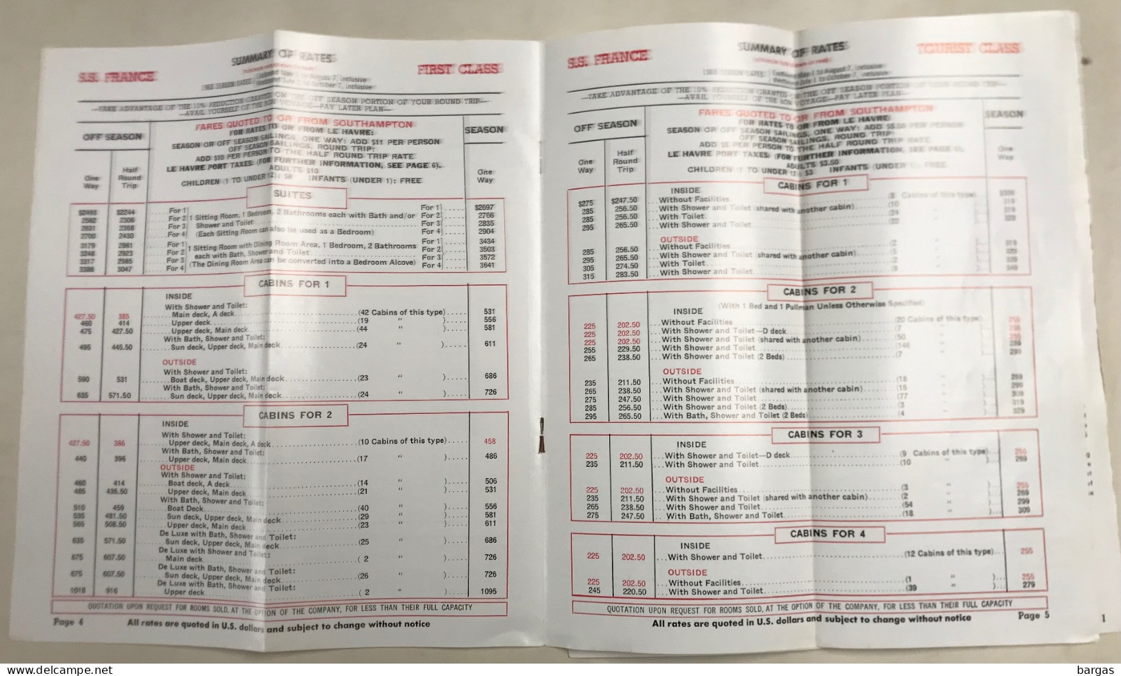 French Line 1963 Paquebot Le France Le Havre Southampton New York Tarifs Horaire ... En 8 Pages - Autres & Non Classés