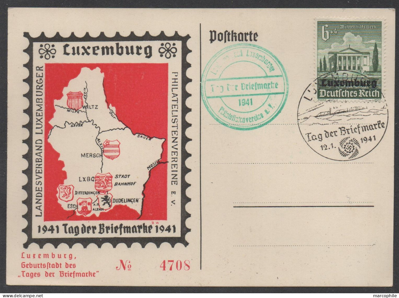 LUXEMBOURG - III REICH / 1941 CARTE POSTALE ILLUSTREE & NUMEROTEE - TIMBRE ALLEMAND SURCHARGE  (ref 6621) - 1940-1944 German Occupation