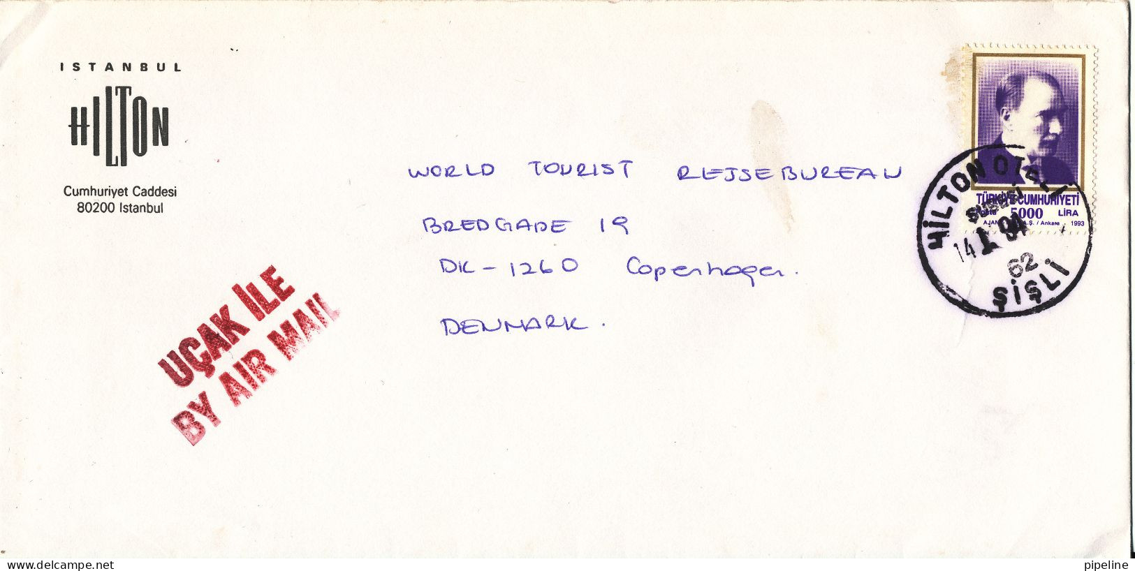 Turkey Cover Sent To Denmark Hilton Hotel 14-1-1994 Single Franked - Briefe U. Dokumente