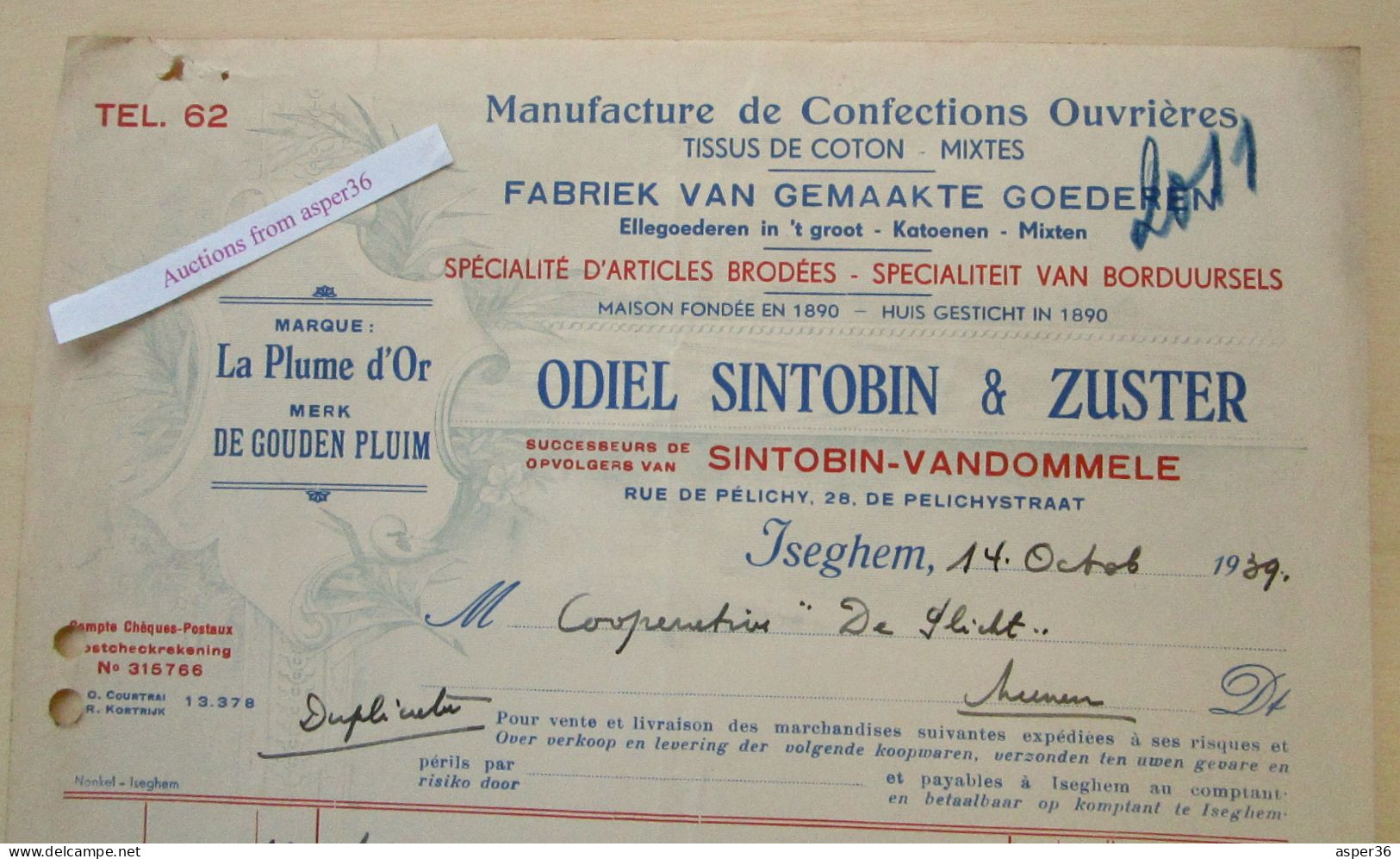 Fabriek Van Gemaakte Goederen, De Gouden Pluim, Odiel Sintobin & Zuster, De Pelichystraat, Izegem 1939 - 1900 – 1949