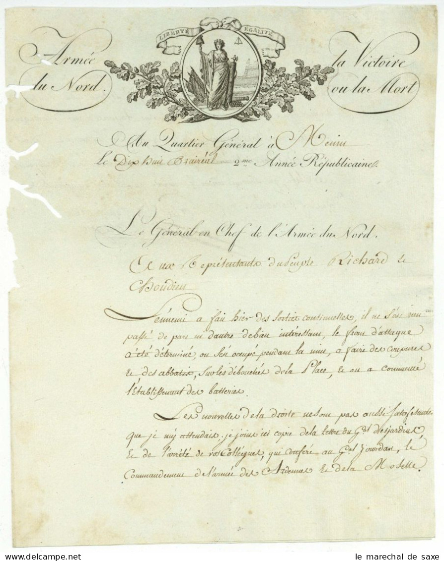 Armee Du Nord Pichegru (1761-1804) General Autographe Menin Belgique 1794 Fleurus - Historische Personen