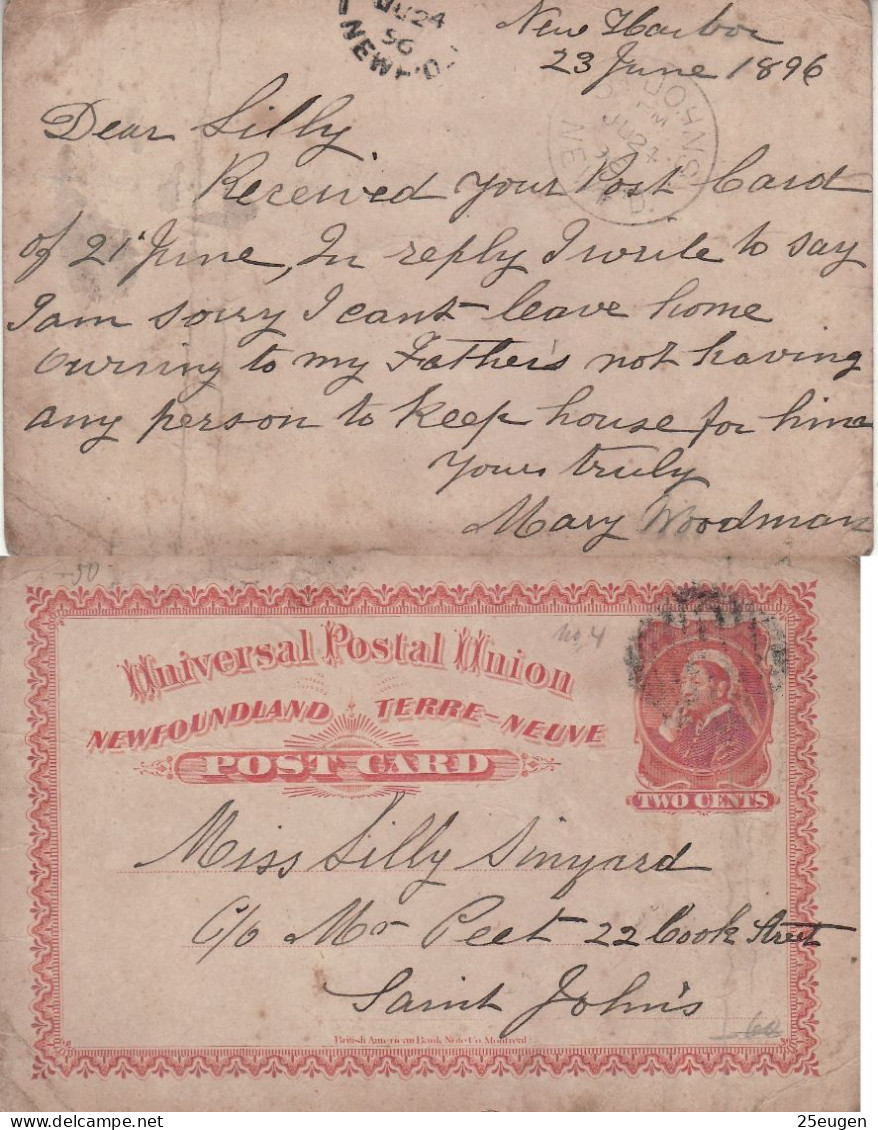 NEWFOUNDLAND 1896 POSTCARD SENT TO ST.JOHN'S - Postal Stationery