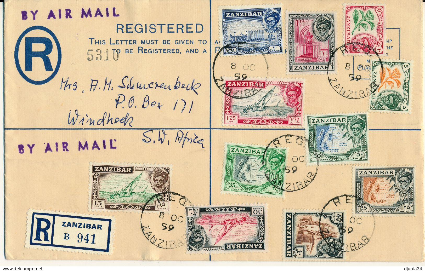 BF0009 / ZANZIBAR / SANSIBAR - 1959 , REGISTERED LETTER To Windhoek / South-West Africa - Zanzibar (1963-1968)