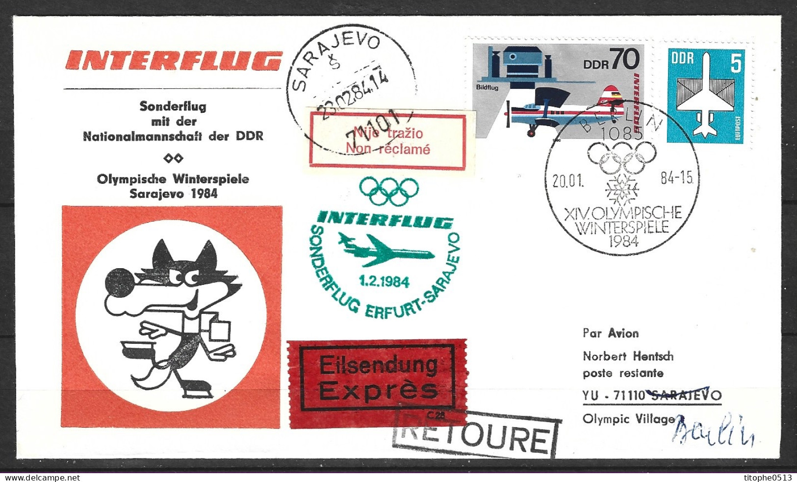 RDA. Enveloppe Commémorative De 1984. Vol Spécial Berlin-Sarajevo Avec L'équipe Nationale De La RDA. - Winter 1984: Sarajevo