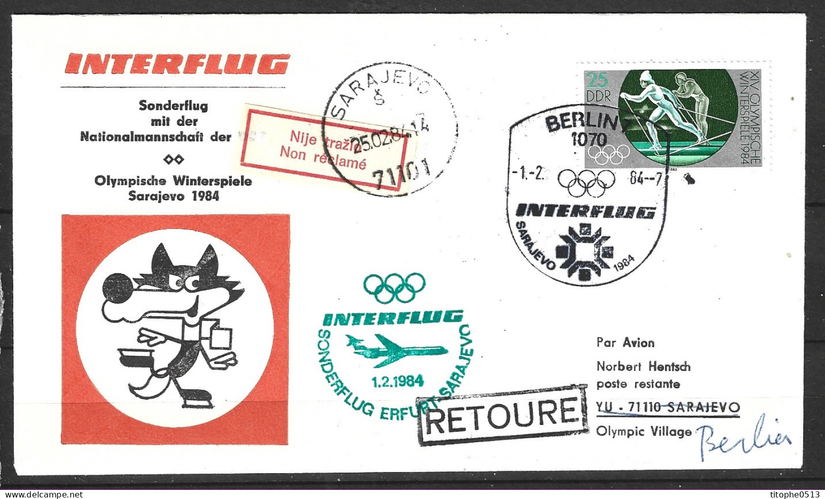 RDA. Enveloppe Commémorative De 1984. Vol Spécial Berlin-Sarajevo Avec L'équipe Nationale De La RDA. - Inverno1984: Sarajevo