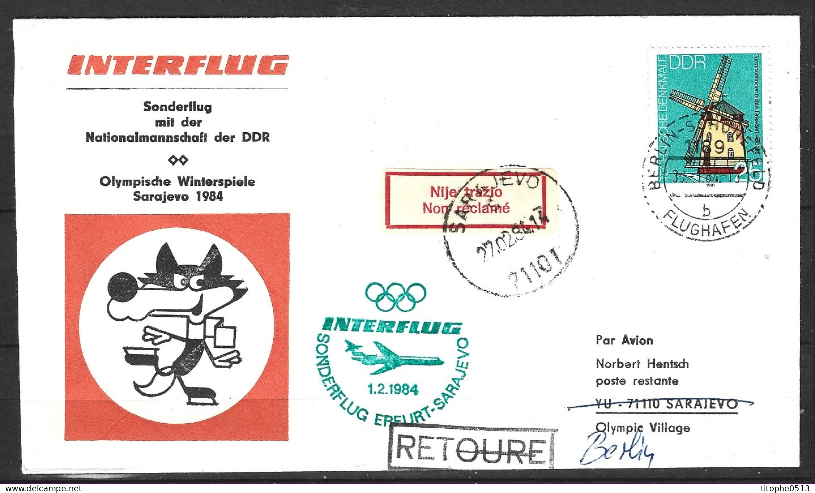 RDA. Enveloppe Commémorative De 1984. Vol Spécial Berlin-Sarajevo Avec L'équipe Nationale De La RDA. - Hiver 1984: Sarajevo