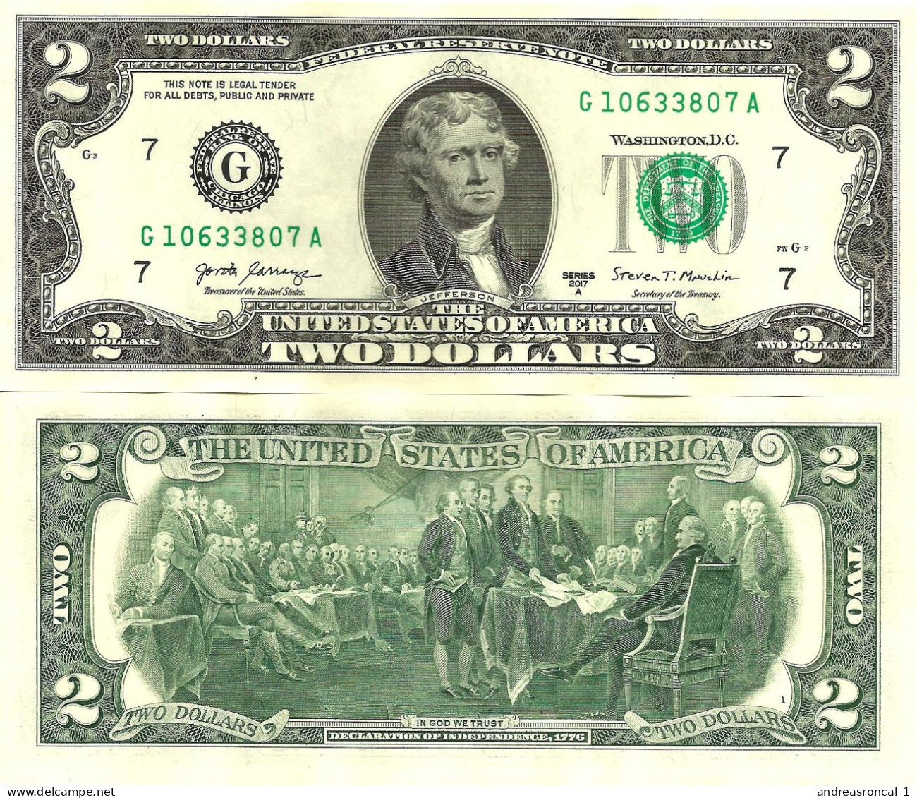 United States USA 2 Dollars 2017 P-545 Letter G UNC - Bilglietti Della Riserva Federale (1928-...)