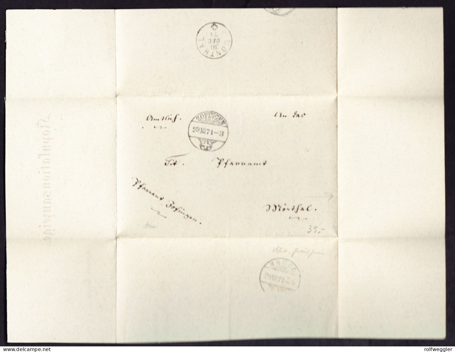 1871 Amtsbrief Aus Zofingen über Brugg Nach Mönthal. Rückseitig Ankunftsstempel - ...-1845 Préphilatélie